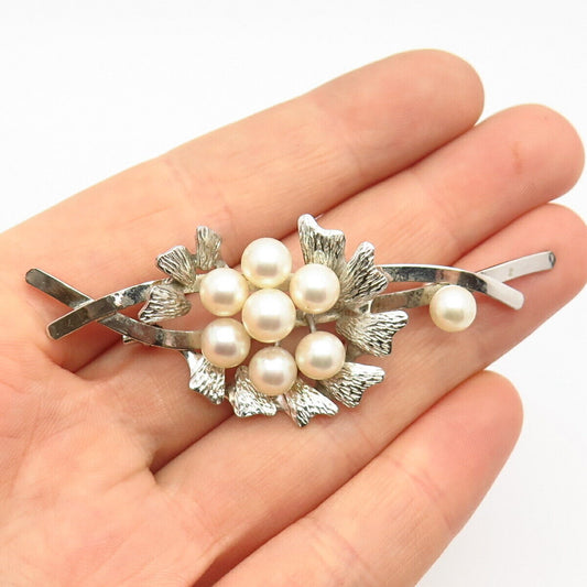 925 Sterling Silver Vintage Real Pearl Floral Design Pin Brooch