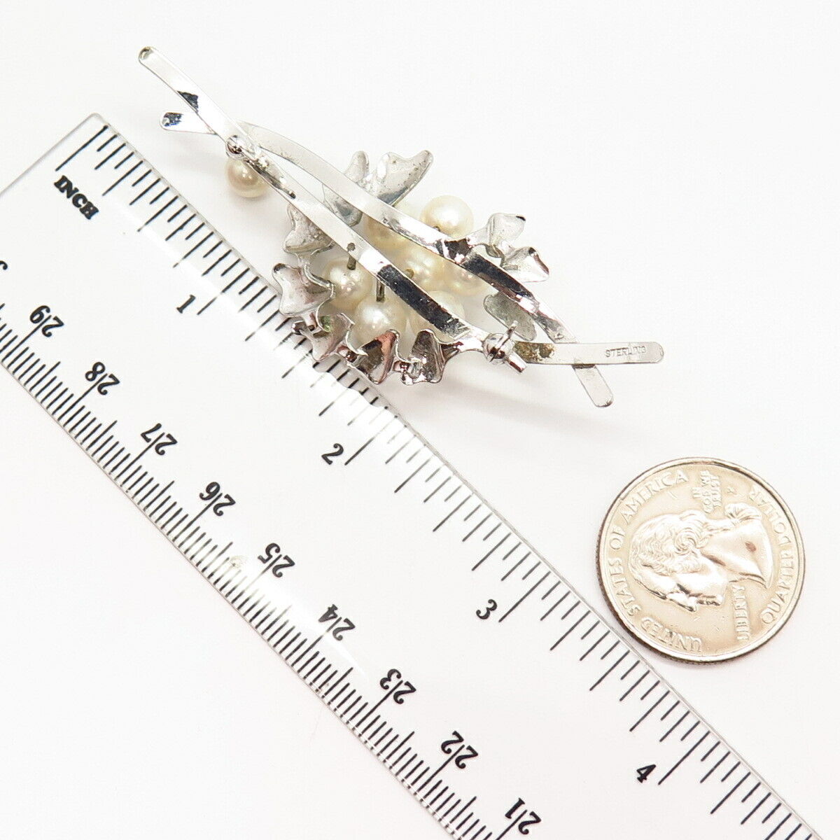 925 Sterling Silver Vintage Real Pearl Floral Design Pin Brooch