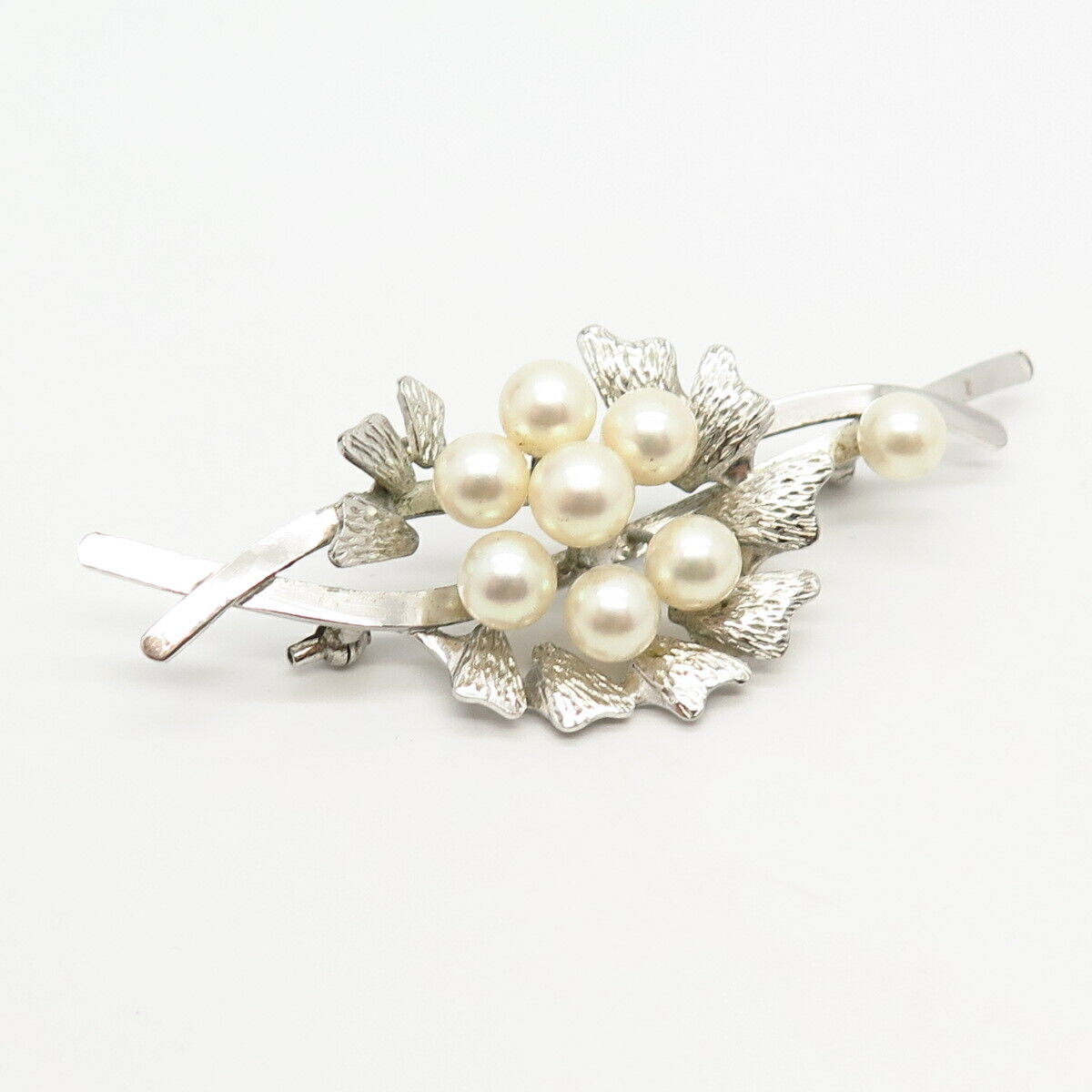 925 Sterling Silver Vintage Real Pearl Floral Design Pin Brooch