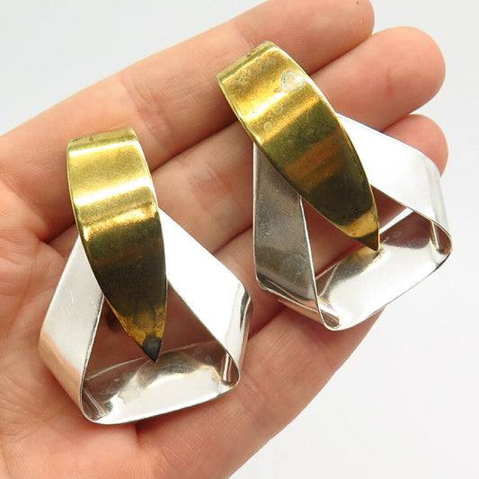 925 Sterling Silver 2-Tone Vintage Mexico Ribbon Design Earrings