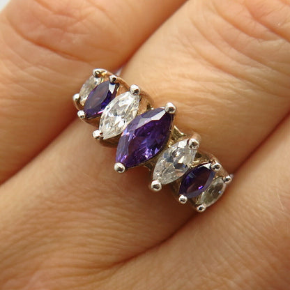 925 Sterling Silver White & Amethyst-Tone C Z Graduated Ring Size 5 3/4