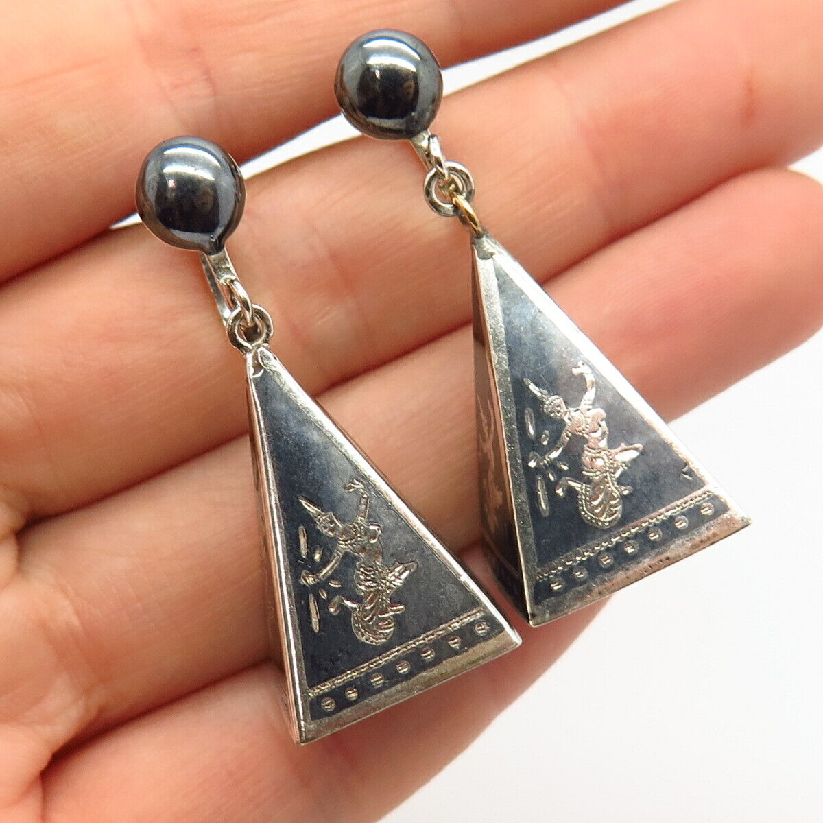 925 Sterling Silver Vintage Siam Niello Hindu Goddess Dangling Earrings