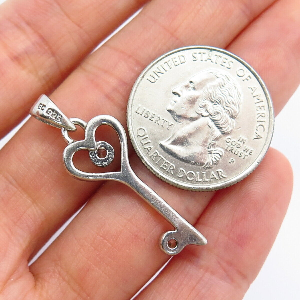 925 Sterling Silver C Z Heart & Key Design Pendant