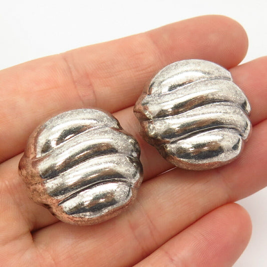 925 Sterling Silver Vintage Mexico Curved Design Hollow Clip On Earrings