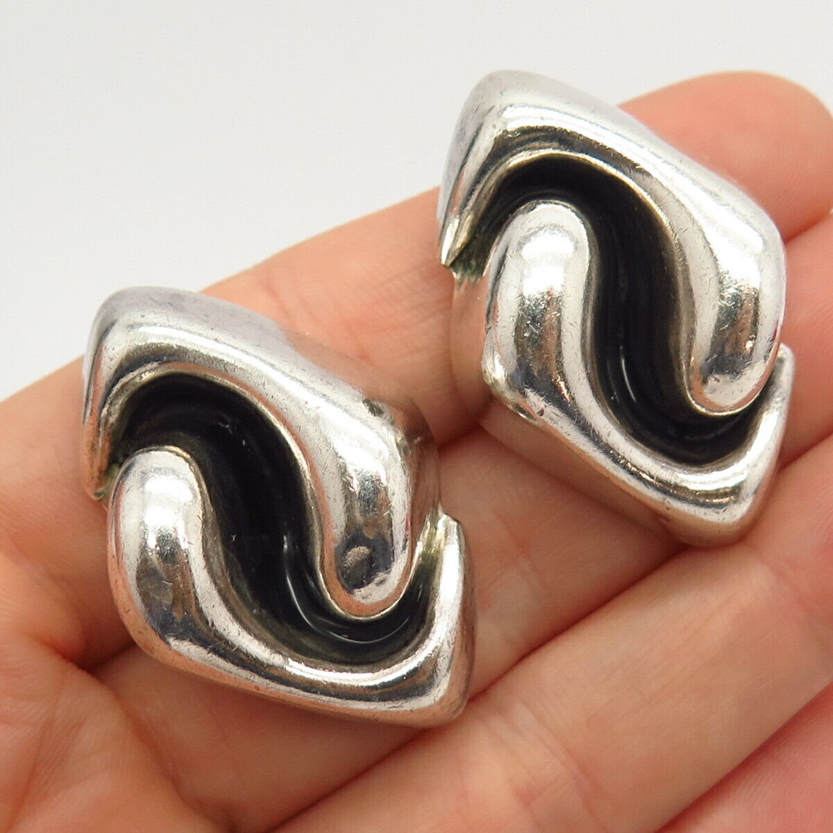 925 Sterling Silver Vintage Mexico Statement Modernist Design Clip On Earrings