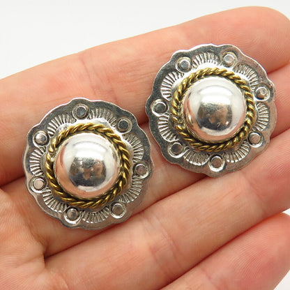 925 Sterling Silver 2-Tone Vintage Domed Floral Design Earrings