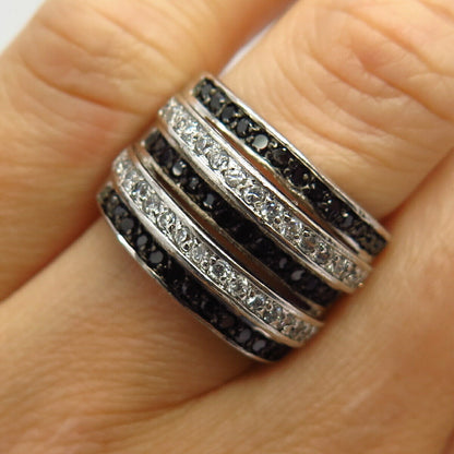 925 Sterling Silver White & Black C Z Multi-Strand Wide Ring Size 7