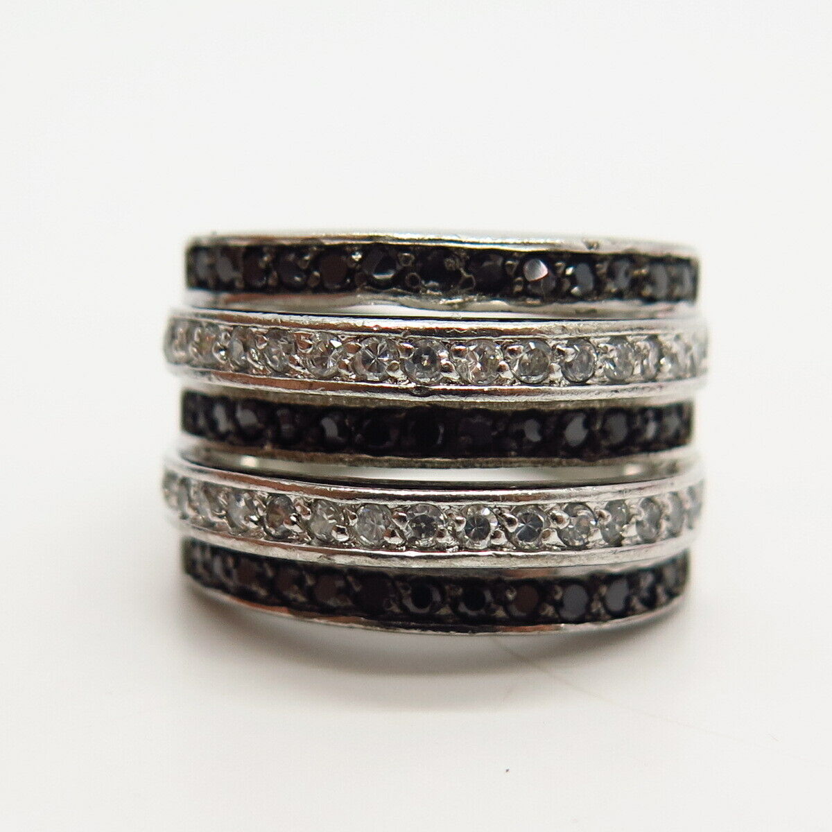 925 Sterling Silver White & Black C Z Multi-Strand Wide Ring Size 7