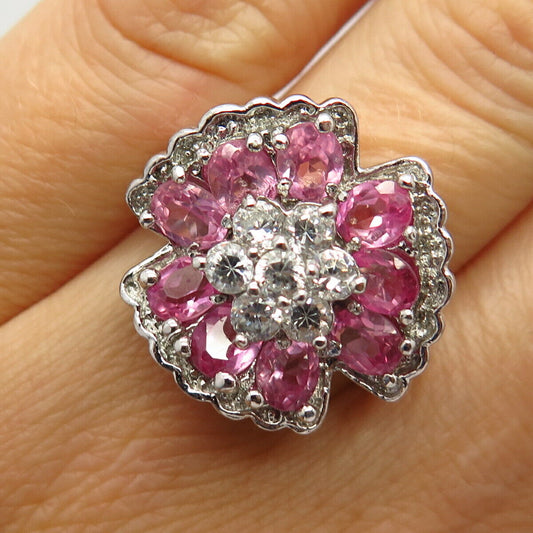 925 Sterling Silver Lab-Created Pink Sapphire Gem C Z Floral Design Ring Size 7