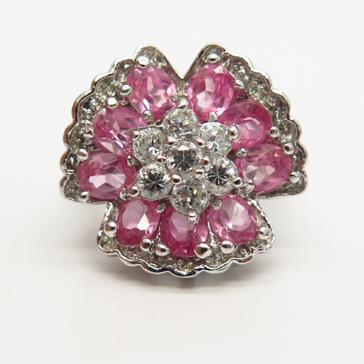 925 Sterling Silver Lab-Created Pink Sapphire Gem C Z Floral Design Ring Size 7