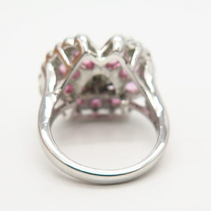 925 Sterling Silver Lab-Created Pink Sapphire Gem C Z Floral Design Ring Size 7