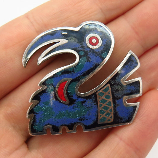 925 Sterling Silver Vintage Enamel Tribal Bird Design Pin Brooch