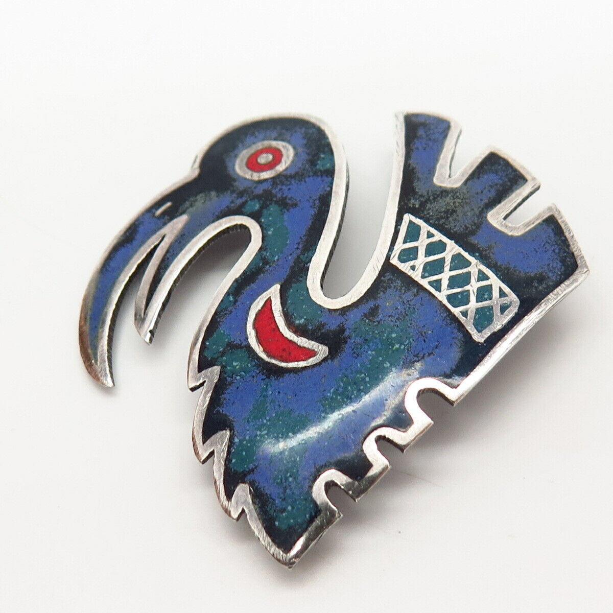 925 Sterling Silver Vintage Enamel Tribal Bird Design Pin Brooch