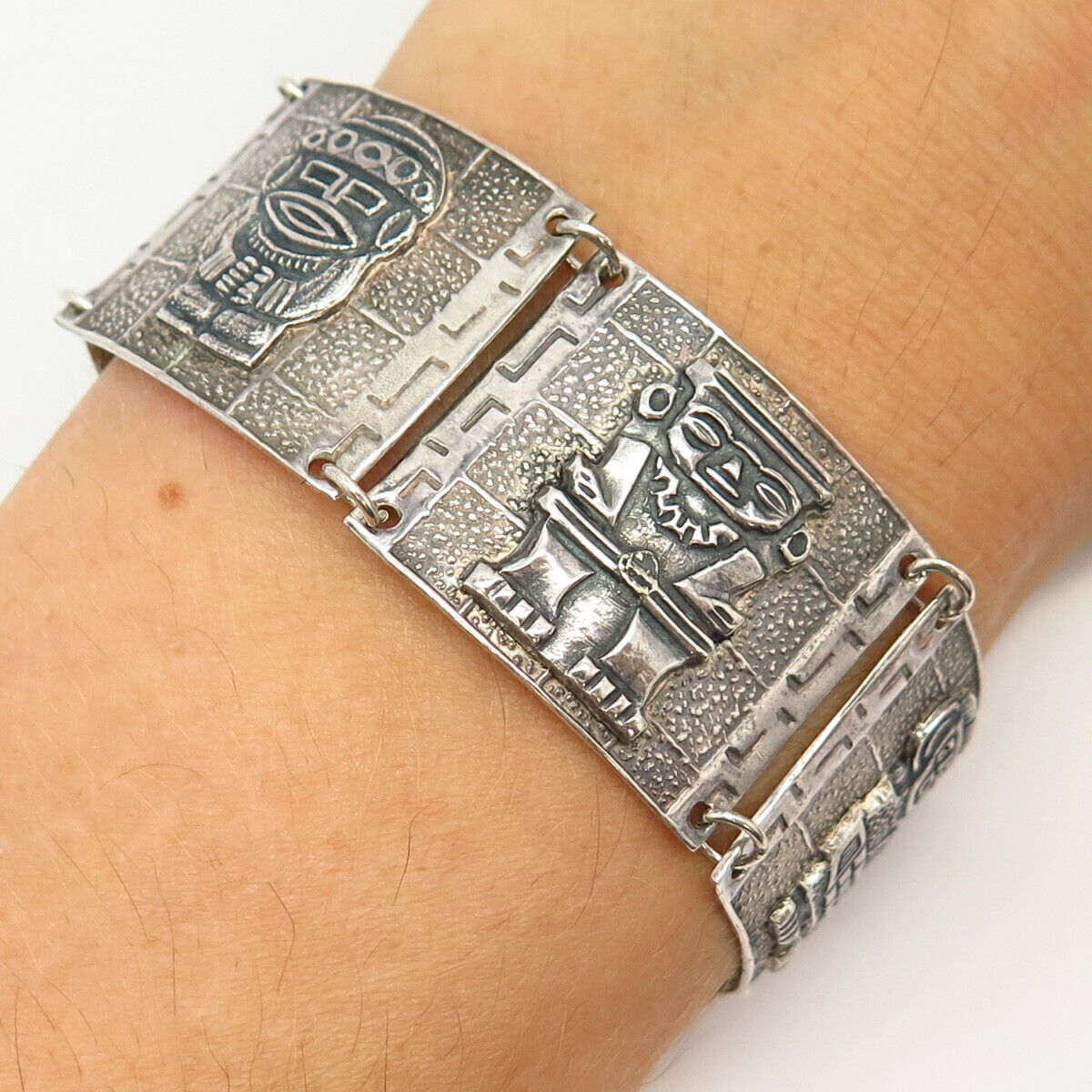 900 Silver Vintage Tribal God Wide Panel Link Bracelet 7"