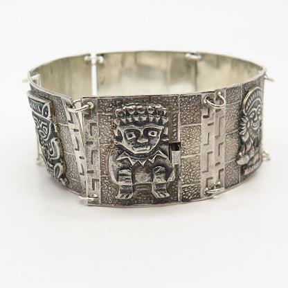 900 Silver Vintage Tribal God Wide Panel Link Bracelet 7"