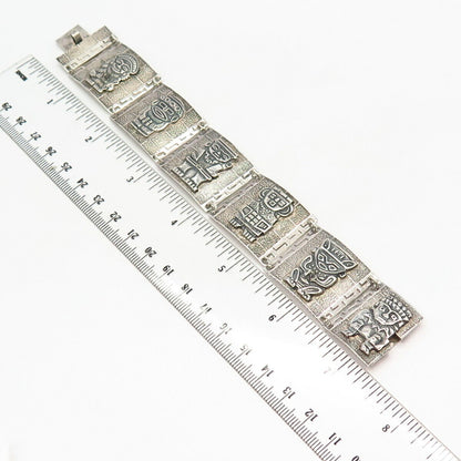 900 Silver Vintage Tribal God Wide Panel Link Bracelet 7"