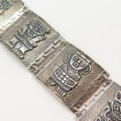 900 Silver Vintage Tribal God Wide Panel Link Bracelet 7"