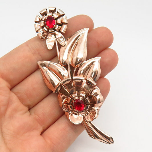 925 Sterling Silver Rose Gold Plated Vintage Rhinestone Floral Pin Brooch