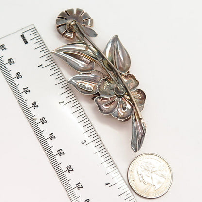 925 Sterling Silver Rose Gold Plated Vintage Rhinestone Floral Pin Brooch