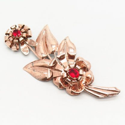 925 Sterling Silver Rose Gold Plated Vintage Rhinestone Floral Pin Brooch