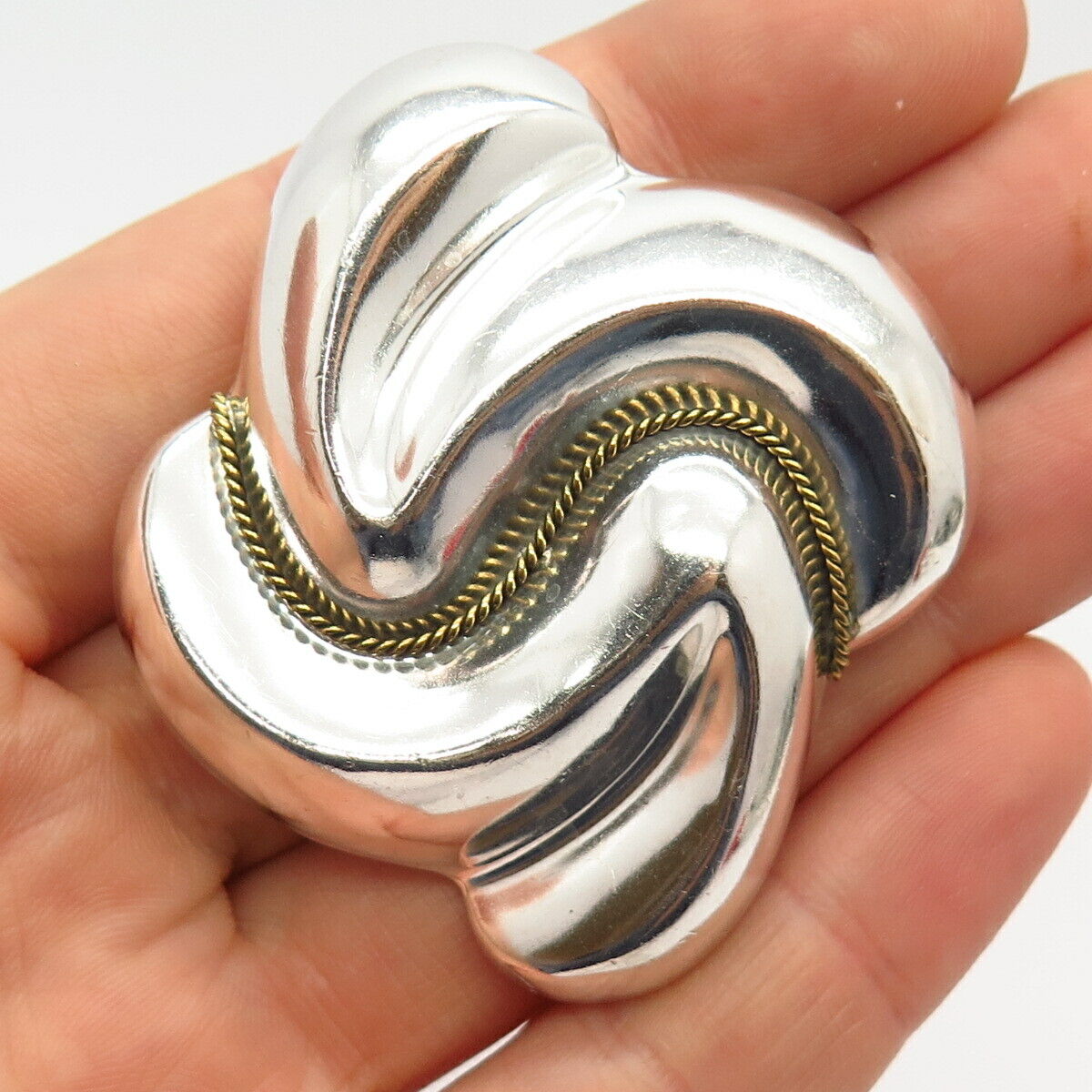 925 Sterling 2-Tone Vintage Mexico Twisted Accent Modernist Pin Brooch Pendant