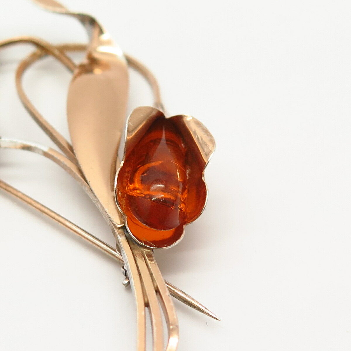 925 Sterling Silver Rose Gold Plated Vintage Truart Amber Floral Pin Brooch