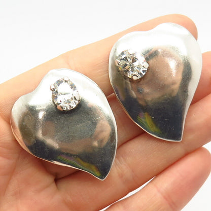 925 Sterling Silver Vintage Tulla Booth Rhinestone Heart Design Clip On Earrings