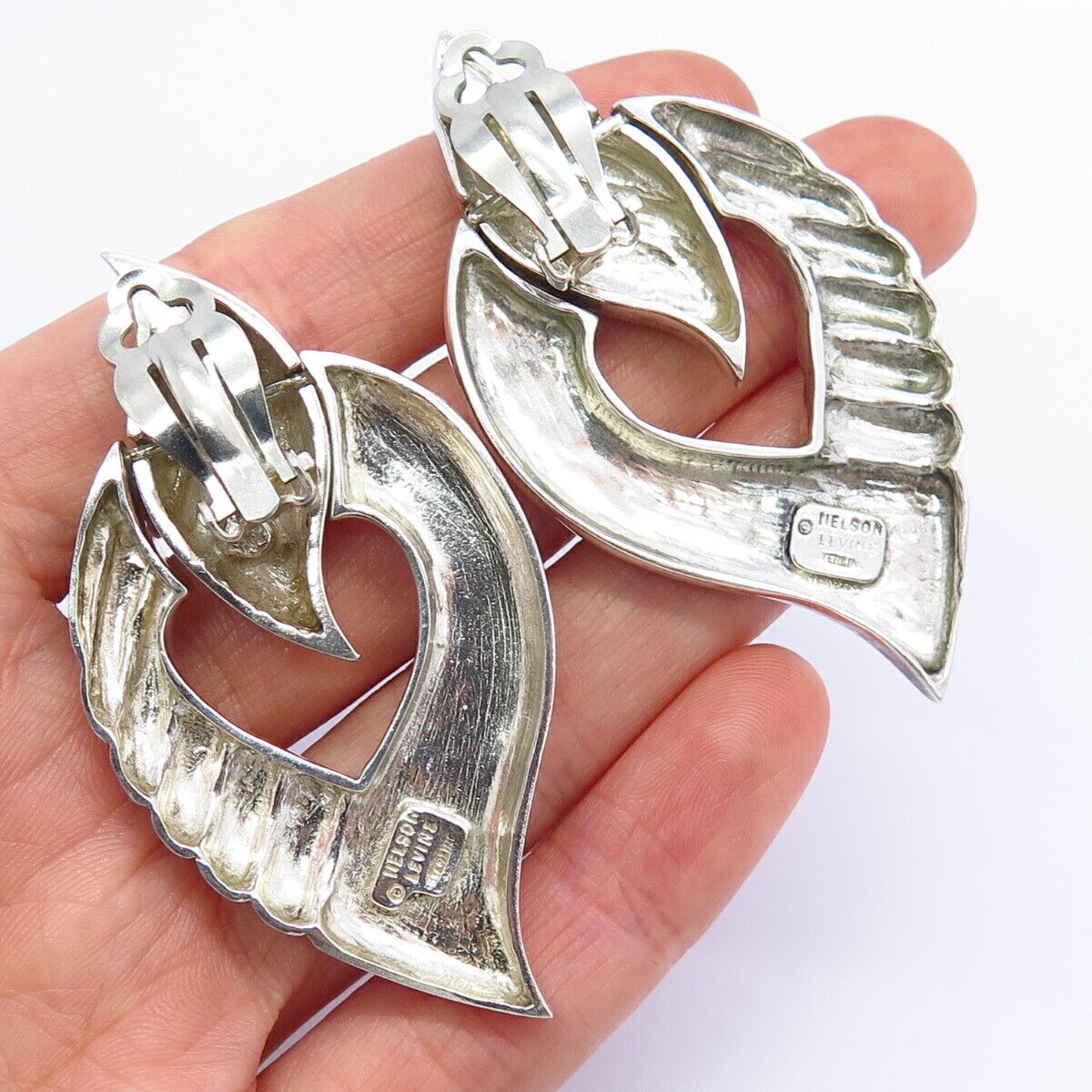 925 Sterling Silver Nelson Levine Abstract Door Knocker Clip On Earrings