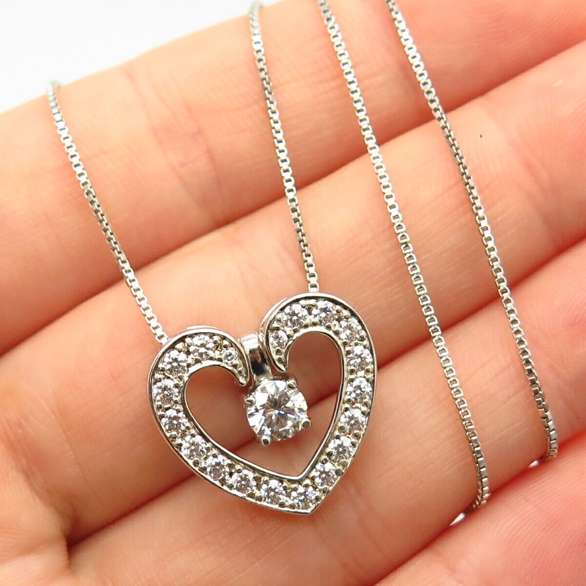 925 Sterling Silver Italy C Z Heart Design Pendant Chain Necklace 17"