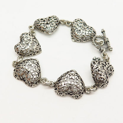 925 Sterling Silver JRI Floral Heart Link Bracelet 7 1/4"