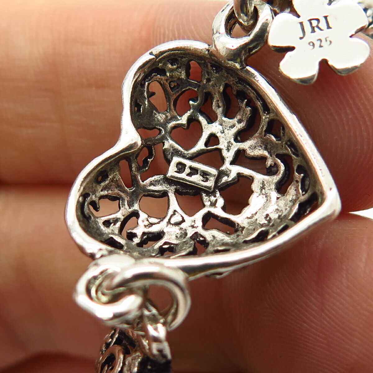 925 Sterling Silver JRI Floral Heart Link Bracelet 7 1/4"