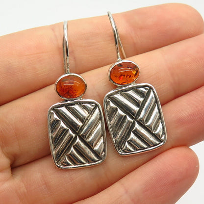 925 Sterling Silver Real Amber Modernist Design Earrings