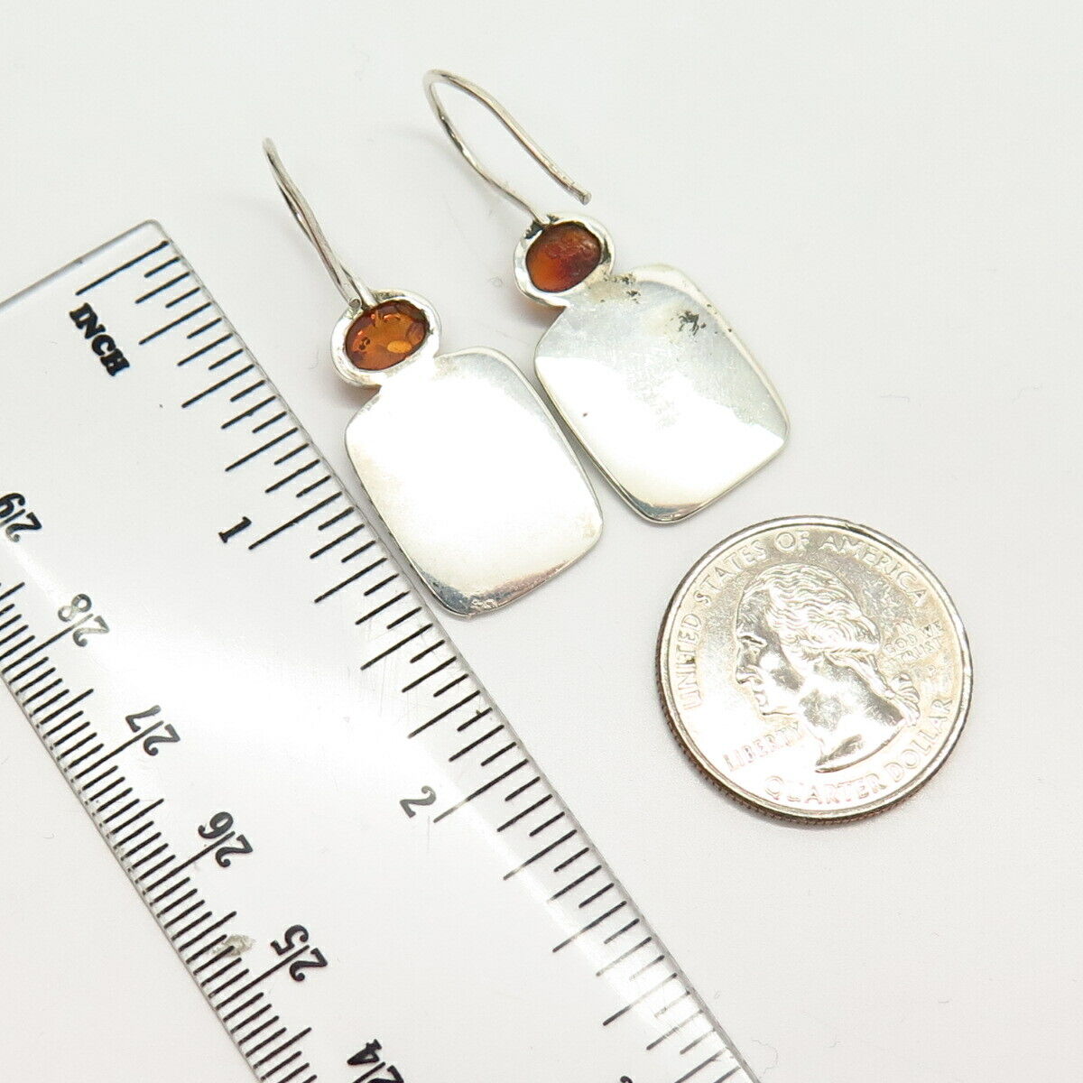 925 Sterling Silver Real Amber Modernist Design Earrings