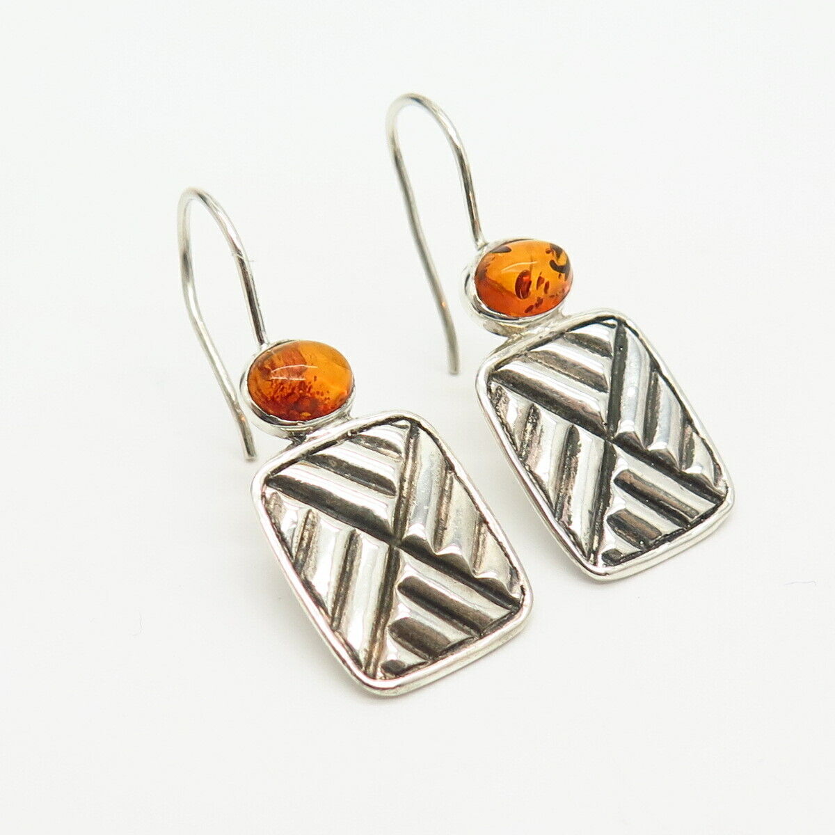 925 Sterling Silver Real Amber Modernist Design Earrings