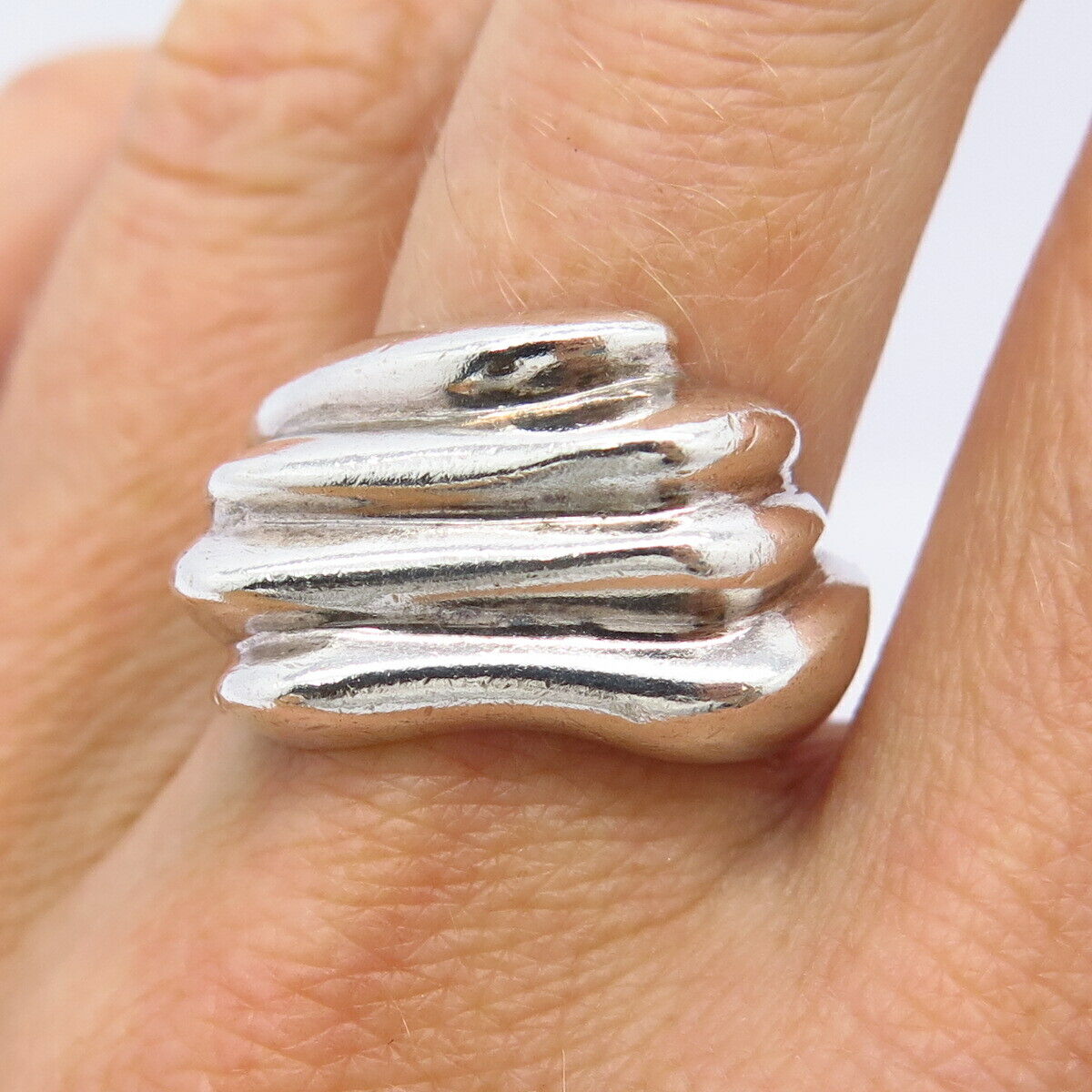 925 Sterling Silver Vintage Mexico Solid Ribbed Wide Ring Size 7