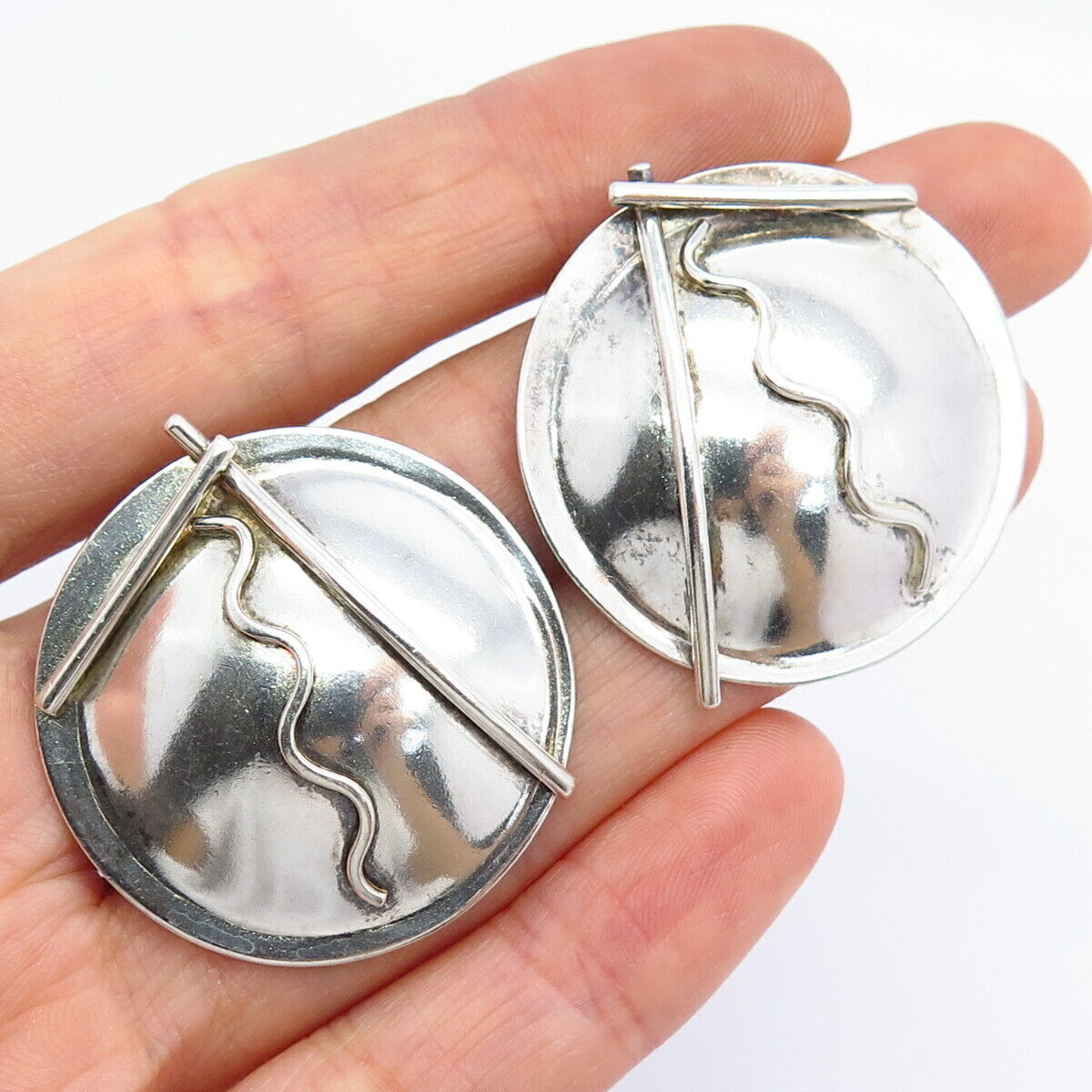 925 Sterling Silver Vintage Signed Modernist Disc Design Earrings