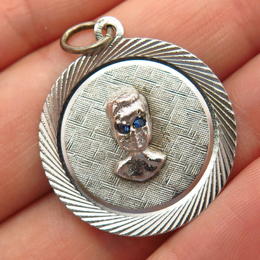 925 Sterling Silver Vintage Aquamarine-Tone C Z Boy's Face Pendant