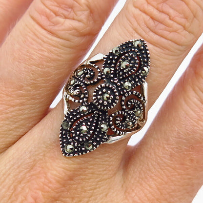 925 Sterling Silver Real Marcasite Gemstone Wide Ring Size 7