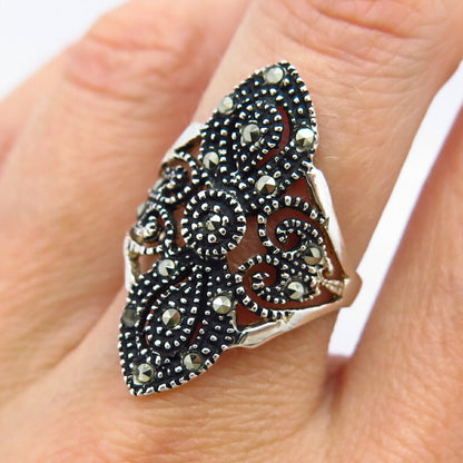 925 Sterling Silver Real Marcasite Gemstone Wide Ring Size 7