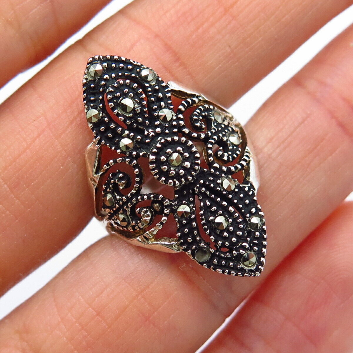 925 Sterling Silver Real Marcasite Gemstone Wide Ring Size 7