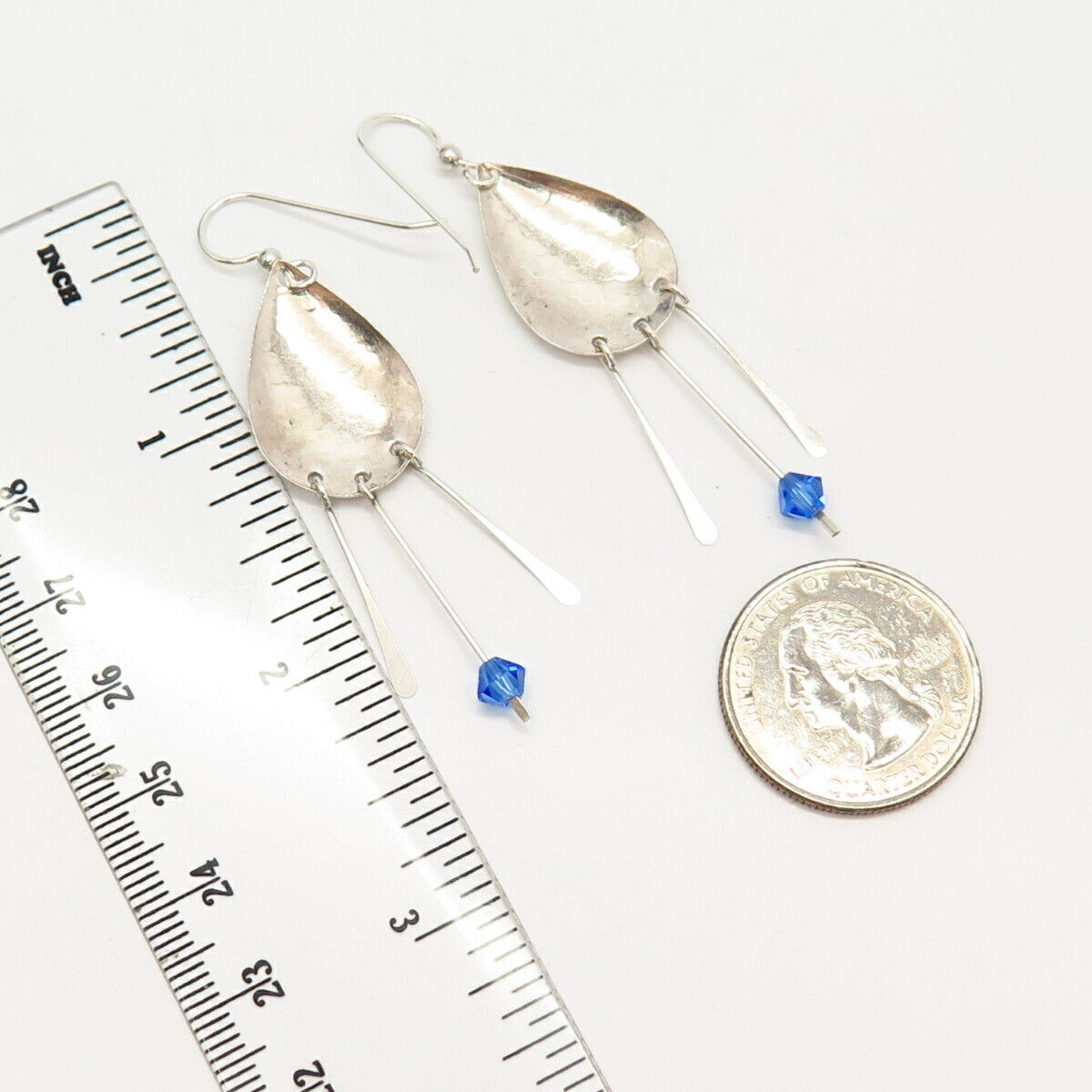 925 Sterling Silver Royal Blue C Z Teardrop Dangling Earrings