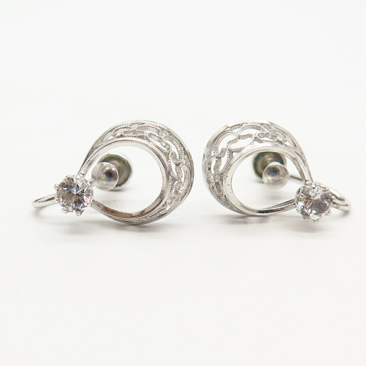 925 Sterling Silver Vintage AMCO C Z Swirl Design Screw Back Earrings