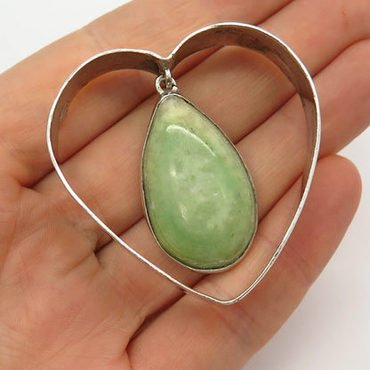 925 Sterling Silver Vintage Mexico Real Jade Gem Open Heart Dangling Pendant