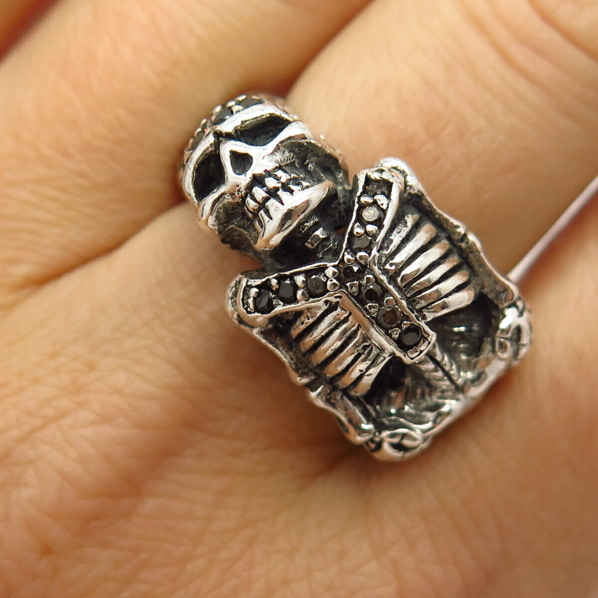 925 Sterling Smoky & Black C Z Human Skeleton Design Biker Ring Size 8 3/4