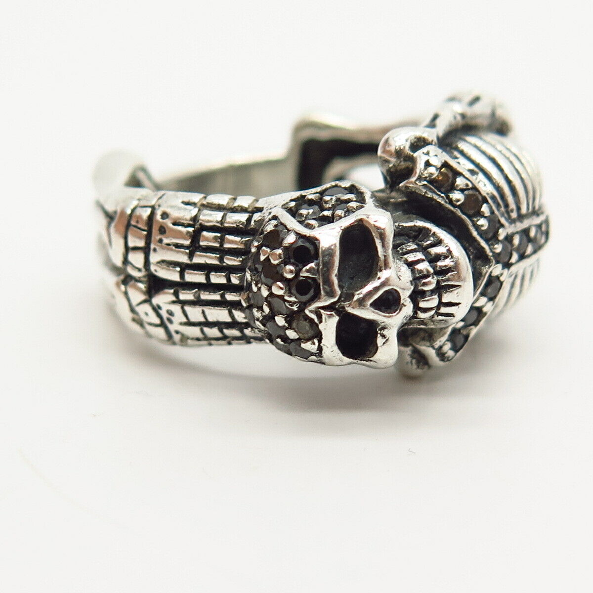 925 Sterling Smoky & Black C Z Human Skeleton Design Biker Ring Size 8 3/4