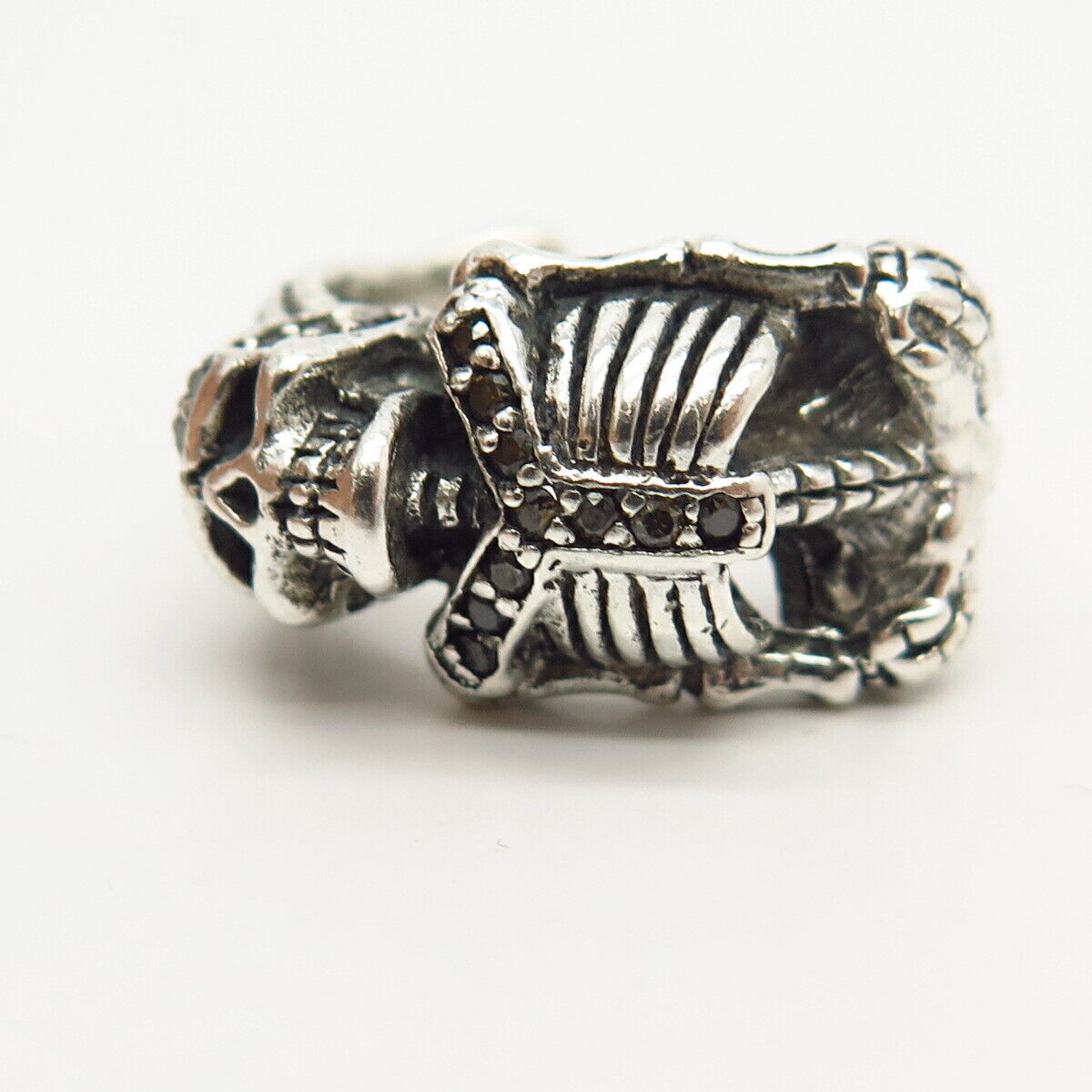 925 Sterling Smoky & Black C Z Human Skeleton Design Biker Ring Size 8 3/4