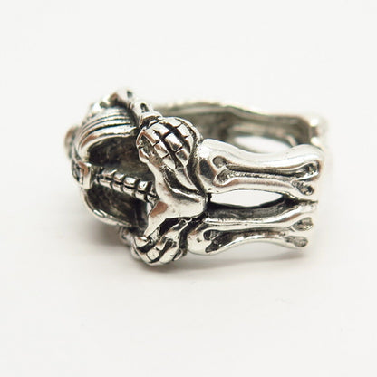 925 Sterling Smoky & Black C Z Human Skeleton Design Biker Ring Size 8 3/4