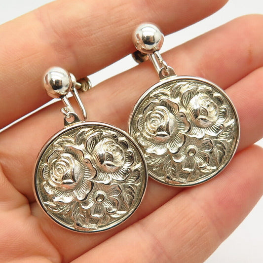 925 Sterling Silver Vintage Floral Design Dangling Screw Back  Earrings