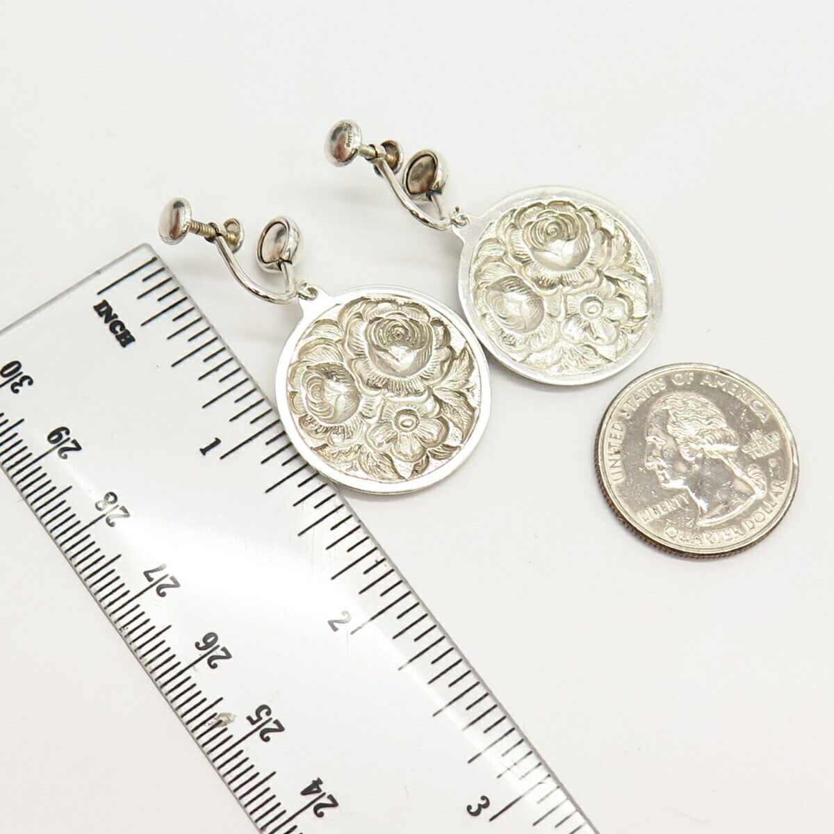 925 Sterling Silver Vintage Floral Design Dangling Screw Back  Earrings