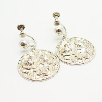 925 Sterling Silver Vintage Floral Design Dangling Screw Back  Earrings